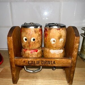 VTG 1950’s Folk Art Wood Salt & Pepper Shakers also Cork Screw & Bottle Opener